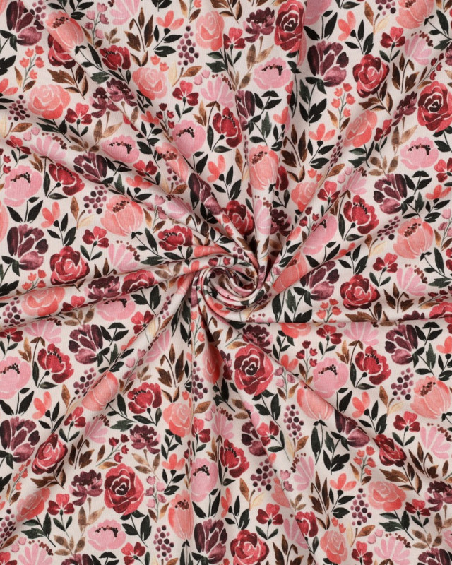 Jersey de Coton Bio Motif Fleuri Rose Fond Beige Naturel - Mercerine