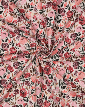 Jersey de Coton Bio Motif Fleuri Rose Fond Beige Naturel - Mercerine