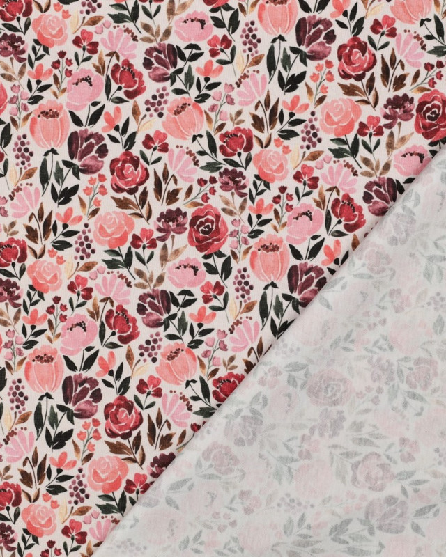 Jersey de Coton Bio Motif Fleuri Rose Fond Beige Naturel - Mercerine