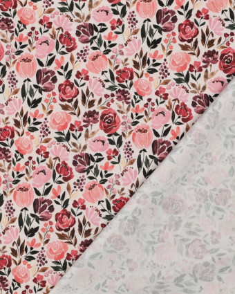 Jersey de Coton Bio Motif Fleuri Rose Fond Beige Naturel - Mercerine