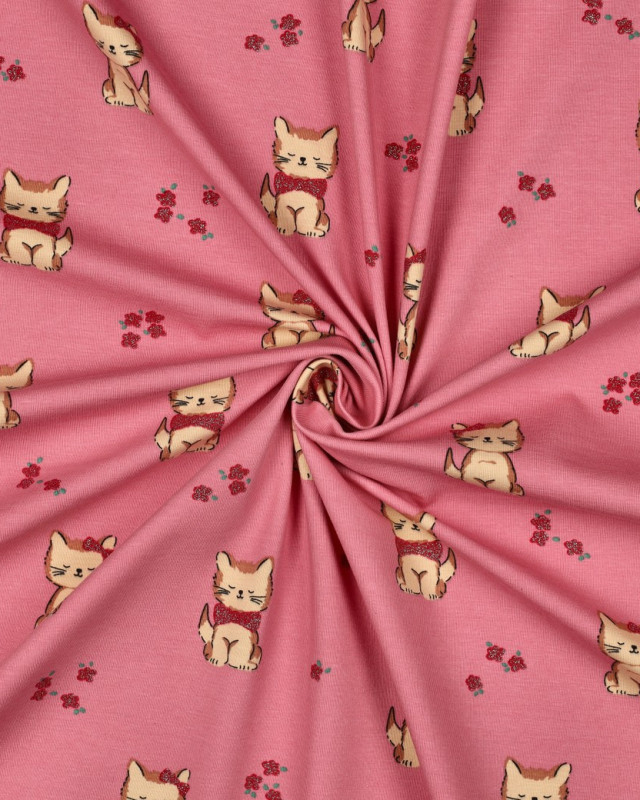 Jersey de Coton Petit Chat Pailleté Rose - Mercerine