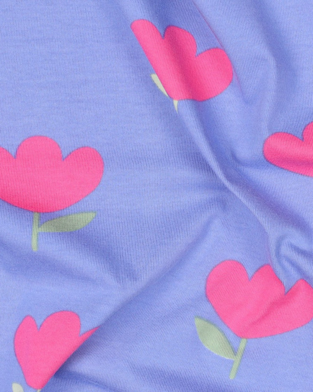 Jersey de Coton Motif Tulipes Roses Fond Bleu - Mercerine