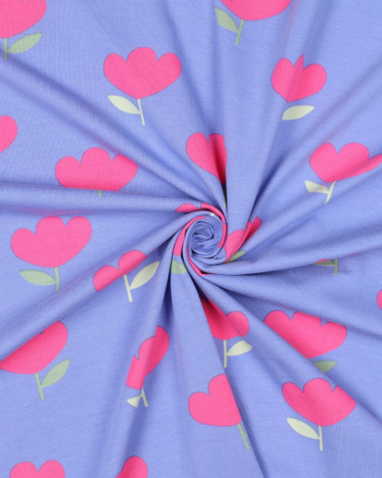 Jersey de Coton Motif Tulipes Roses Fond Bleu - Mercerine