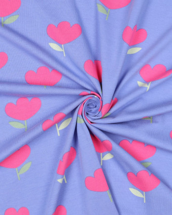 Jersey de Coton Motif Tulipes Roses Fond Bleu - Mercerine