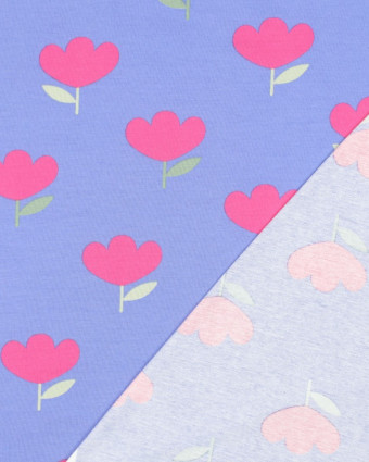Jersey de Coton Motif Tulipes Roses Fond Bleu - Mercerine
