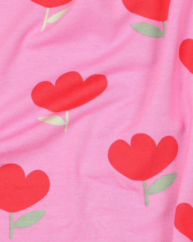 Jersey de Coton Motif Tulipes Rouges Fond Rose - Mercerine