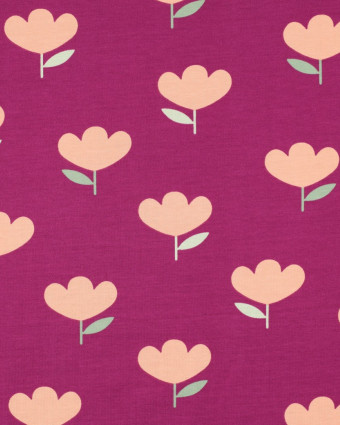 Jersey de Coton Motif Tulipes Pêche Fond Prune - Mercerine