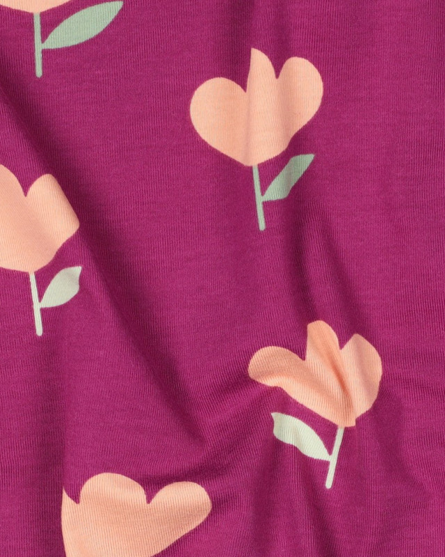 Jersey de Coton Motif Tulipes Pêche Fond Prune - Mercerine