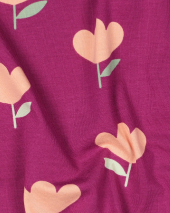 Jersey de Coton Motif Tulipes Pêche Fond Prune - Mercerine