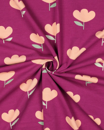 Jersey de Coton Motif Tulipes Pêche Fond Prune - Mercerine