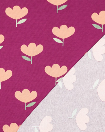 Jersey de Coton Motif Tulipes Pêche Fond Prune - Mercerine