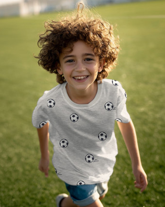 Tissu Jersey Motif Ballon de Foot Gris Chiné - Mercerine