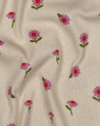 Jersey de Coton Côtelé Motif Fleuri Mauve Fond Beige - Mercerine