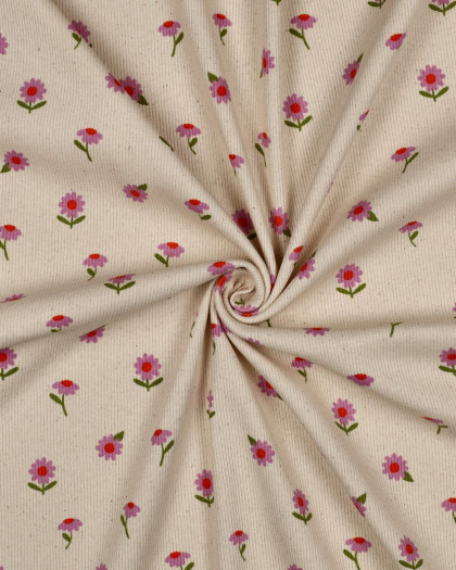 Jersey de Coton Côtelé Motif Fleuri Mauve Fond Beige - Mercerine