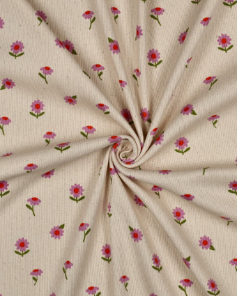 Jersey de Coton Côtelé Motif Fleuri Mauve Fond Beige - Mercerine