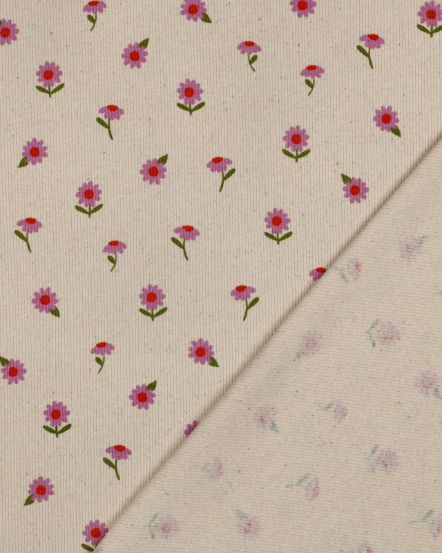 Jersey de Coton Côtelé Motif Fleuri Mauve Fond Beige - Mercerine