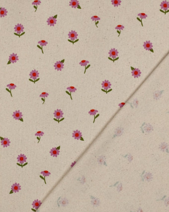 Jersey de Coton Côtelé Motif Fleuri Mauve Fond Beige - Mercerine