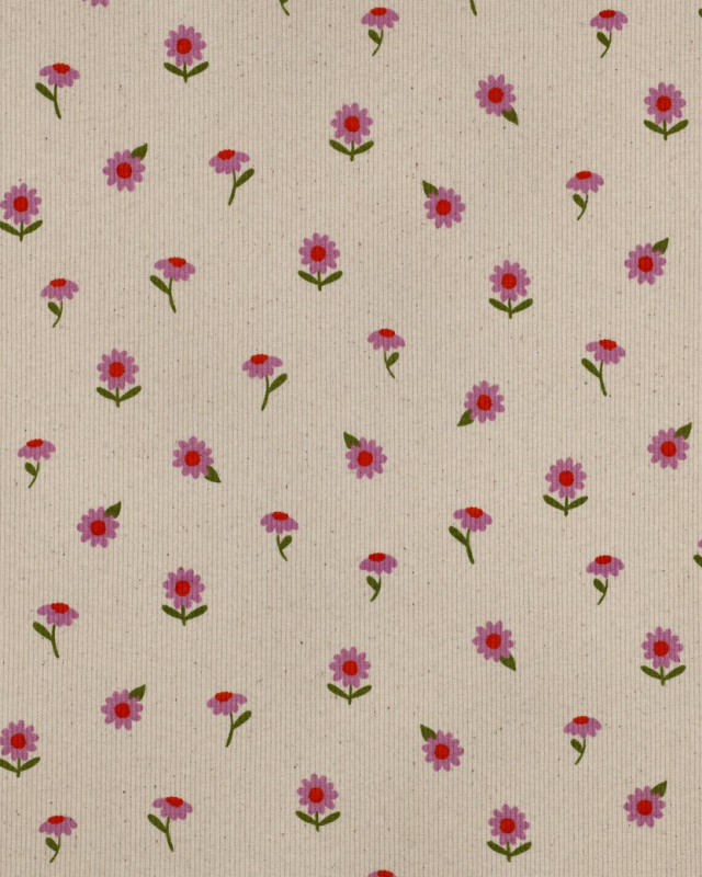 Jersey de Coton Côtelé Motif Fleuri Mauve Fond Beige - Mercerine