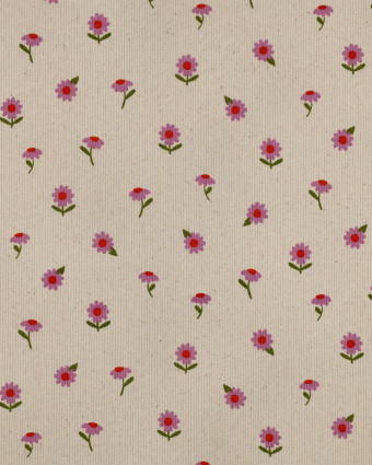 Jersey de Coton Côtelé Motif Fleuri Mauve Fond Beige - Mercerine