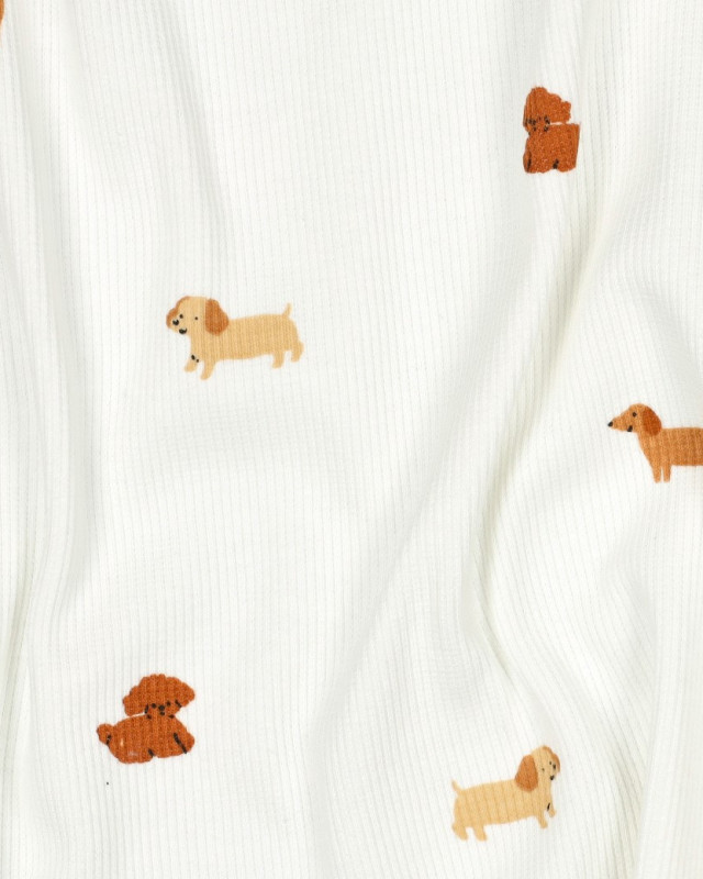 Jersey de Coton Côtelé Motif Petit Chien Ecru - Mercerine