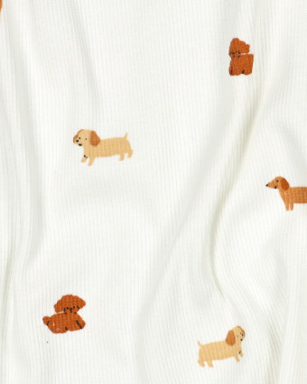 Jersey de Coton Côtelé Motif Petit Chien Ecru - Mercerine