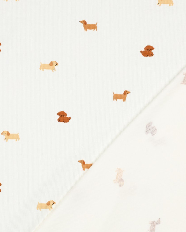 Jersey de Coton Côtelé Motif Petit Chien Ecru - Mercerine