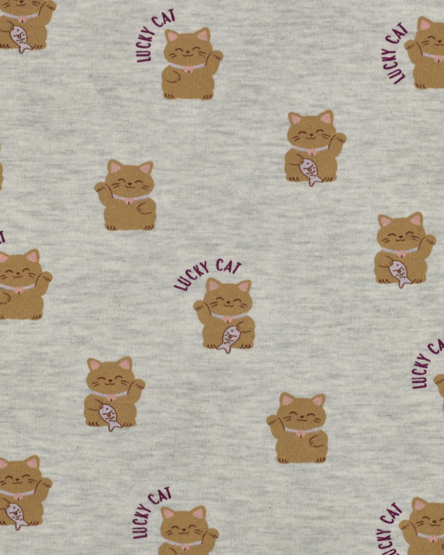 Tissu Sweat Motif Lucky Cat Gris Chiné - Mercerine