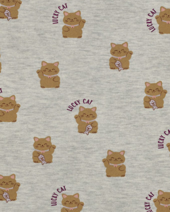 Tissu Sweat Motif Lucky Cat Gris Chiné - Mercerine