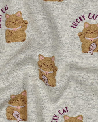 Tissu Sweat Motif Lucky Cat Gris Chiné - Mercerine