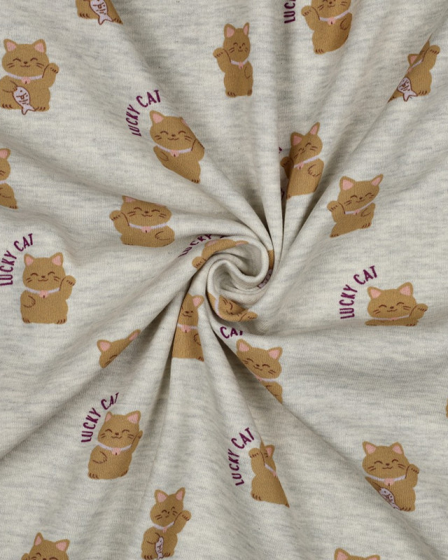 Tissu Sweat Motif Lucky Cat Gris Chiné - Mercerine