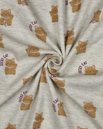 Tissu Sweat Motif Lucky Cat Gris Chiné - Mercerine