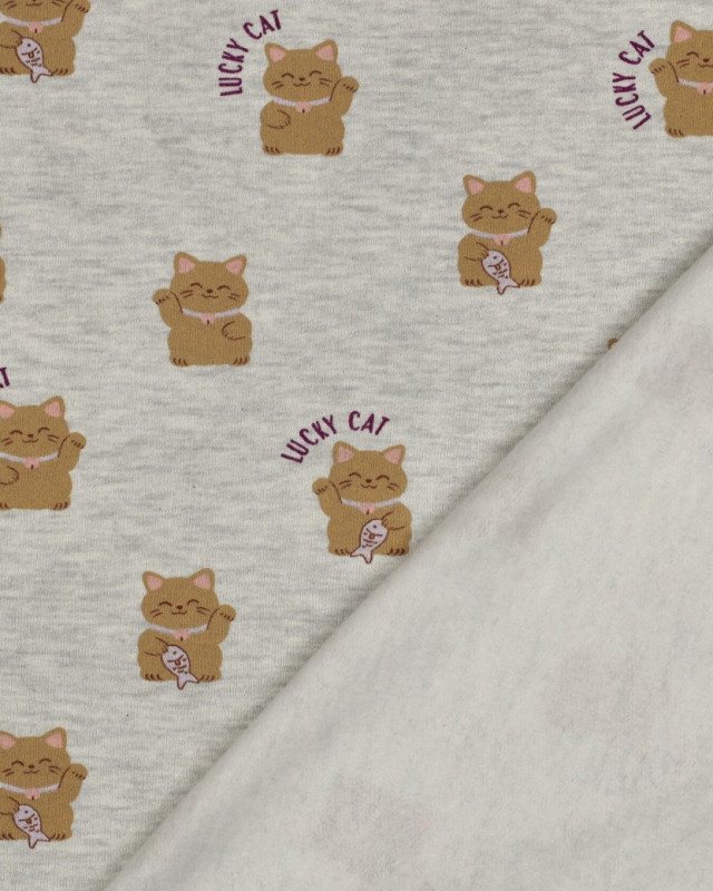 Tissu Sweat Motif Lucky Cat Gris Chiné - Mercerine