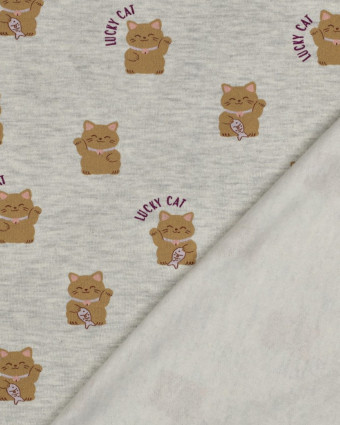Tissu Sweat Motif Lucky Cat Gris Chiné - Mercerine
