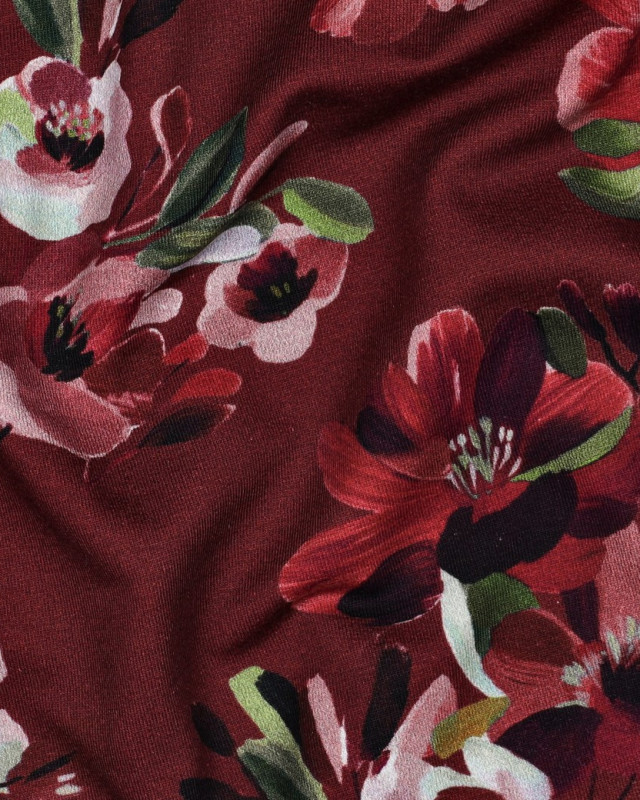 Jersey French Terry  Prune Motif Fleuri - Mercerine