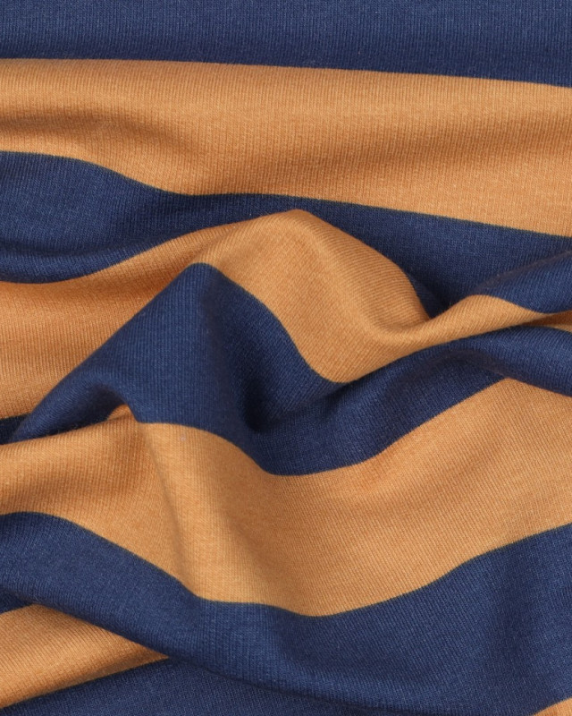 Tissu Sweat à Rayures Bleu et Camel - Mercerine