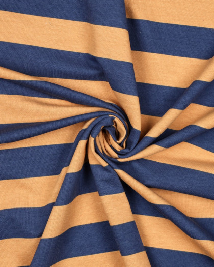 Tissu Sweat à Rayures Bleu et Camel - Mercerine