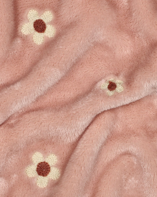 Tissu Doudou Rose Motif Fleuri Brodé - Mercerine