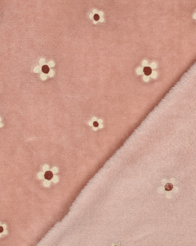 Tissu Doudou Rose Motif Fleuri Brodé - Mercerine