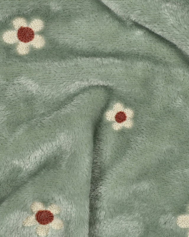Tissu Doudou Sauge Motif Fleuri Brodé - Mercerine