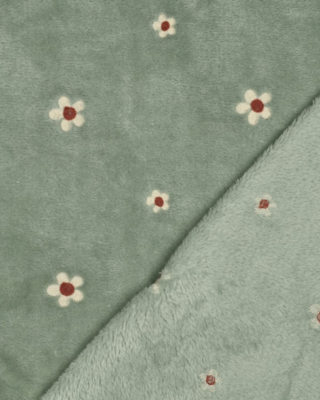 Tissu Doudou Sauge Motif Fleuri Brodé - Mercerine