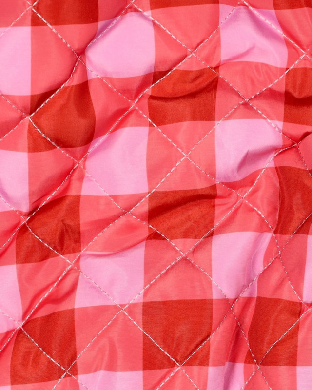 Tissu Matelassé Doudoune Motif Vichy Mauve et Corail - Mercerine