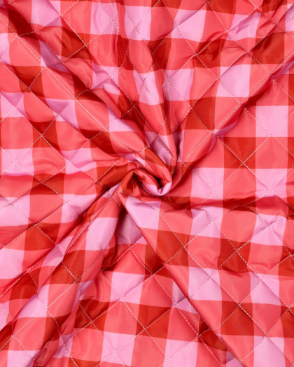 Tissu Matelassé Doudoune Motif Vichy Mauve et Corail - Mercerine