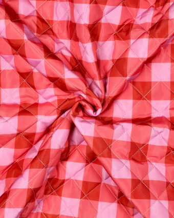 Tissu Matelassé Doudoune Motif Vichy Mauve et Corail - Mercerine