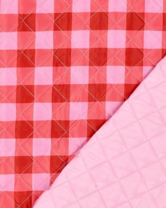 Tissu Matelassé Doudoune Motif Vichy Mauve et Corail - Mercerine