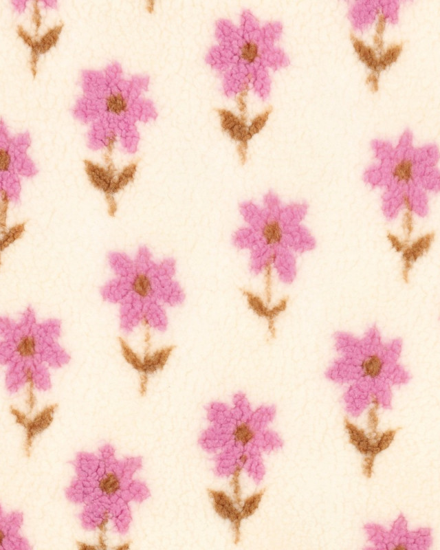 Tissu Sherpa Ecru Motif Fleuri Mauve - Mercerine