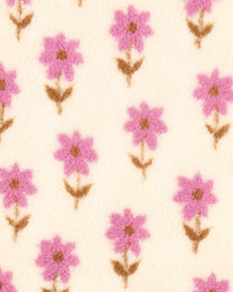 Tissu Sherpa Ecru Motif Fleuri Mauve - Mercerine