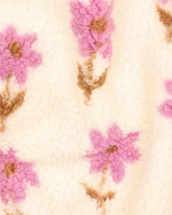 Tissu Sherpa Ecru Motif Fleuri Mauve - Mercerine