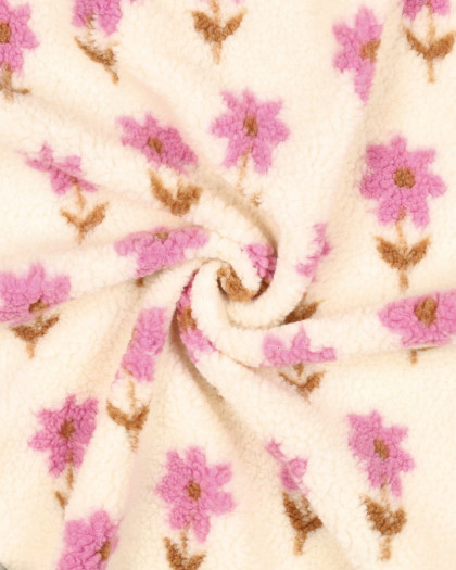Tissu Sherpa Ecru Motif Fleuri Mauve - Mercerine