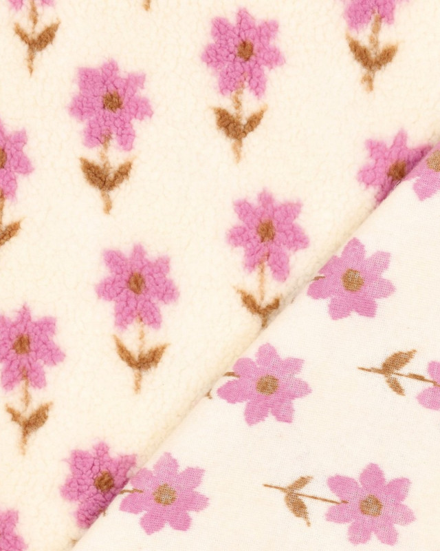Tissu Sherpa Ecru Motif Fleuri Mauve - Mercerine