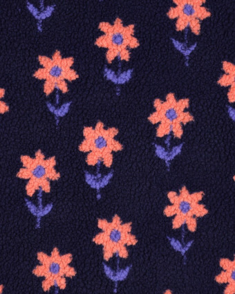 Tissu Sherpa Bleu Marine Motif Fleuri Pêche - Mercerine